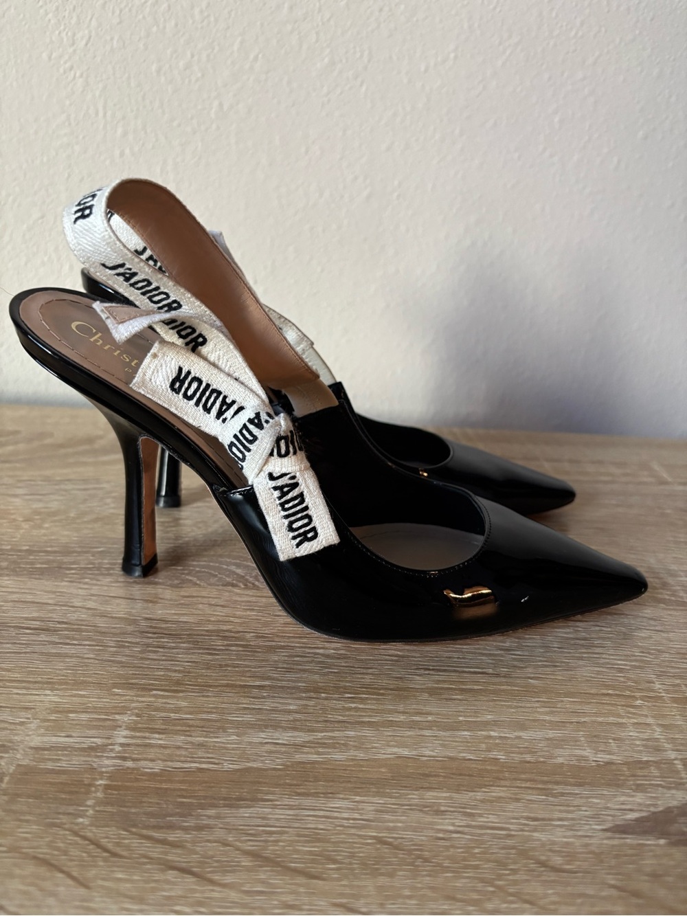 Dior Black Patent Pointed Slingback Pump with White J'Adior Straps - Picture 2 of 8